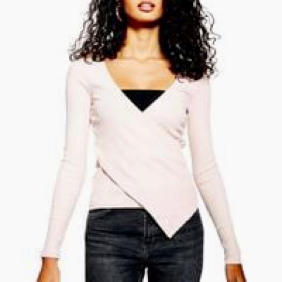 Topshop Asymmetric Dusty Pink Ribbed Wrap Top - Picture 2 of 8